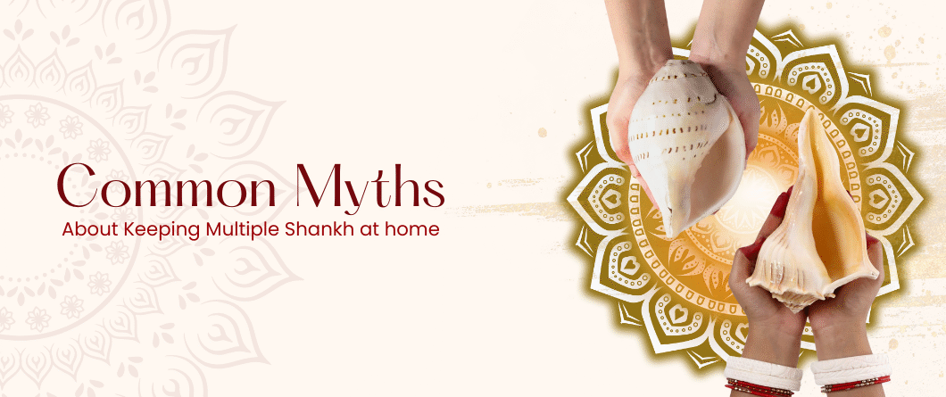 Hands holding multiple conch shells (Shankh) with golden mandala design representing Hindu spirituality and sacred rituals