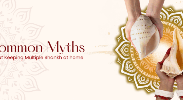 Hands holding multiple conch shells (Shankh) with golden mandala design representing Hindu spirituality and sacred rituals