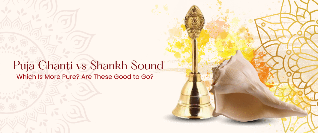 Puja Ghanti bell and Shankh conch shell for Hindu worship rituals with traditional mandala patterns