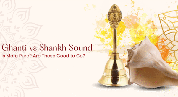 Puja Ghanti bell and Shankh conch shell for Hindu worship rituals with traditional mandala patterns