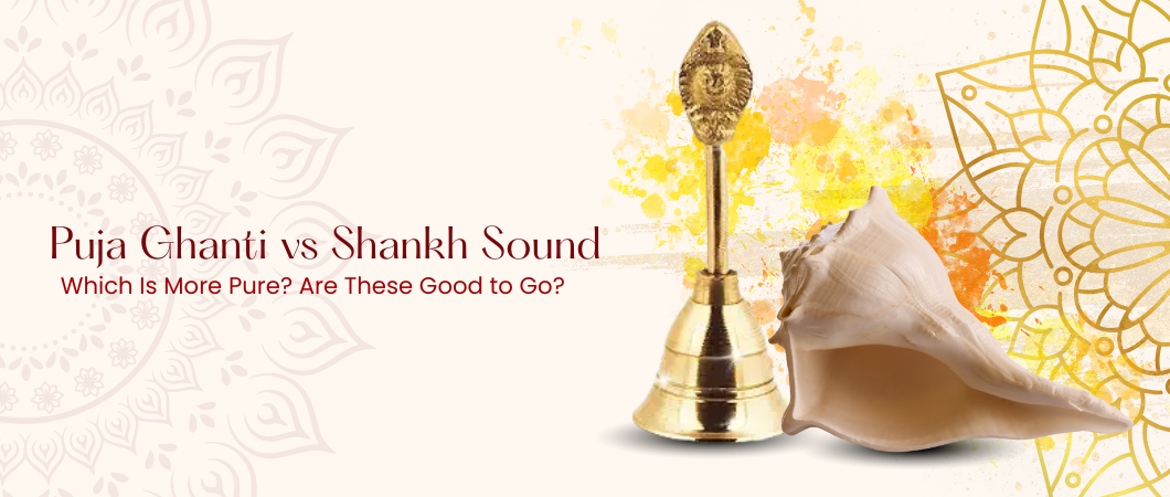 Puja Ghanti bell and Shankh conch shell for Hindu worship rituals with traditional mandala patterns