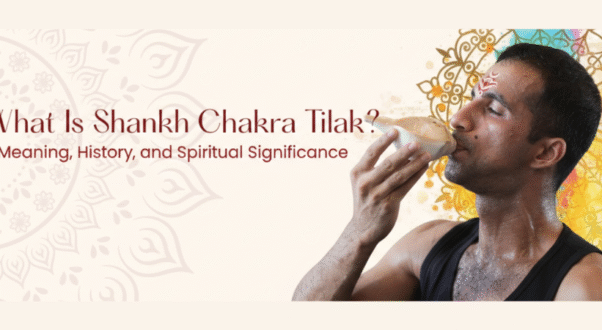 What Is Shankh Chakra Tilak - Meaning, History, and Spiritual Significance blog header with man blowing conch shell against mandala background