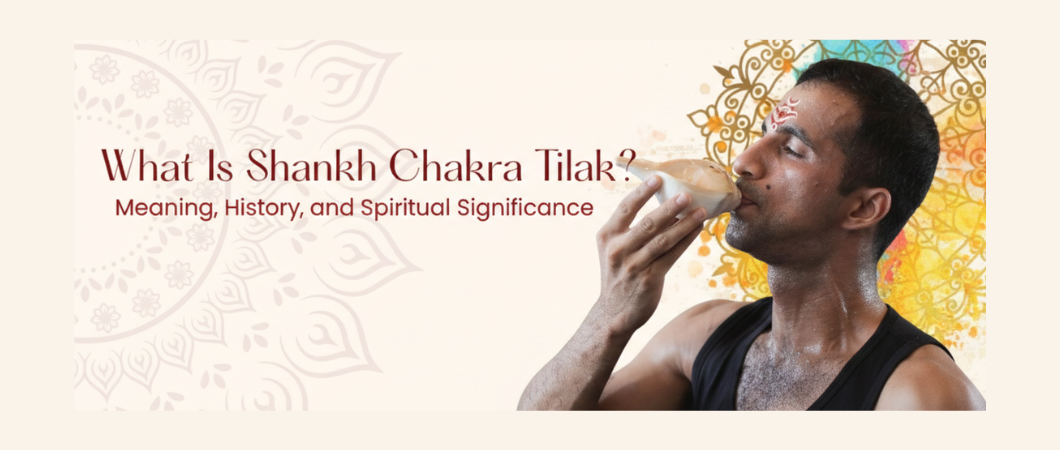 What Is Shankh Chakra Tilak - Meaning, History, and Spiritual Significance blog header with man blowing conch shell against mandala background