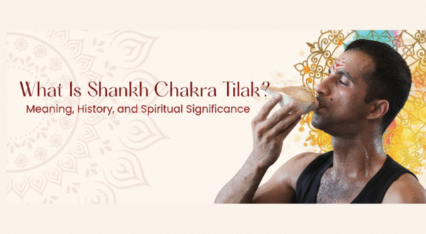 What Is Shankh Chakra Tilak - Meaning, History, and Spiritual Significance blog header with man blowing conch shell against mandala background