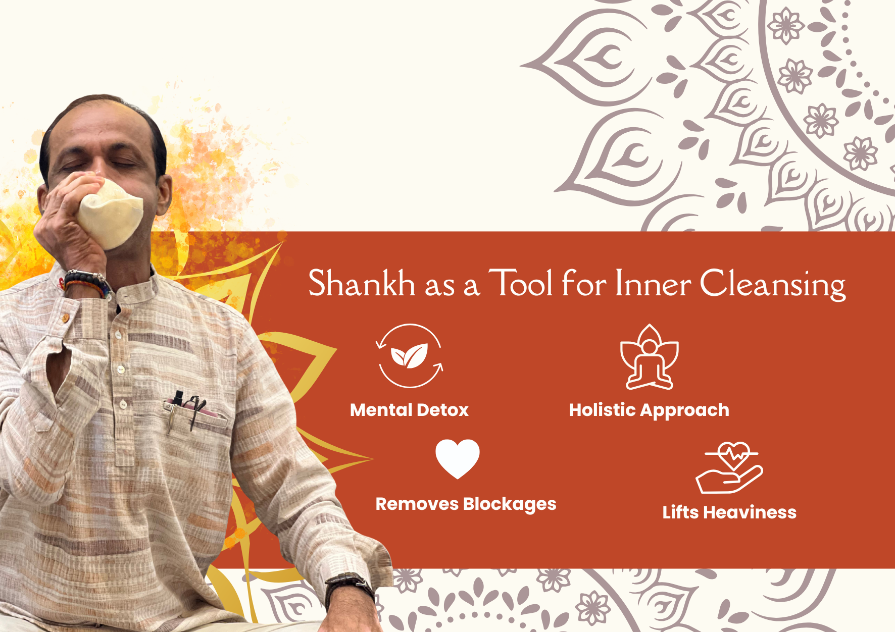 Man practicing Shankh blowing for inner cleansing - mental detox, holistic wellness, and emotional balance through traditional conch shell ritual