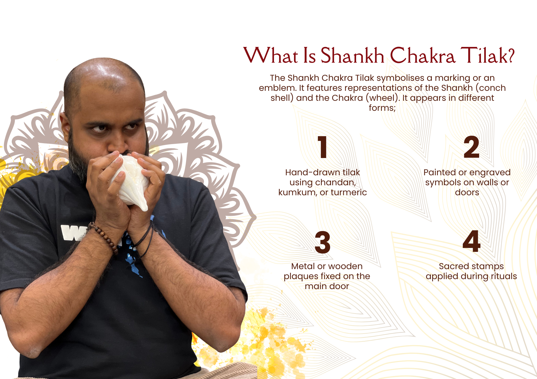 Man blowing conch shell (Shankh) with infographic showing 4 types of Shankh Chakra Tilak: hand-drawn tilak, painted symbols, metal plaques, and sacred ritual stamps
